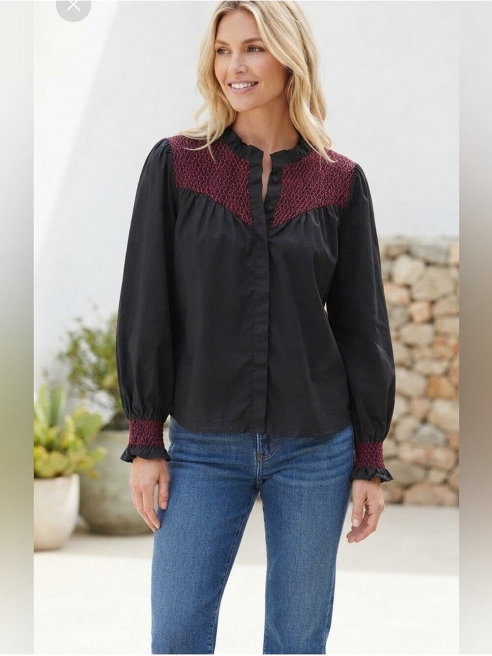 The Shirt by Rochelle Behrens Black Button-Front Blouse with Maroon Smocked Yoke